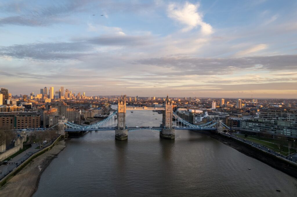 Tower Bridge and the River Thames in London at sunset